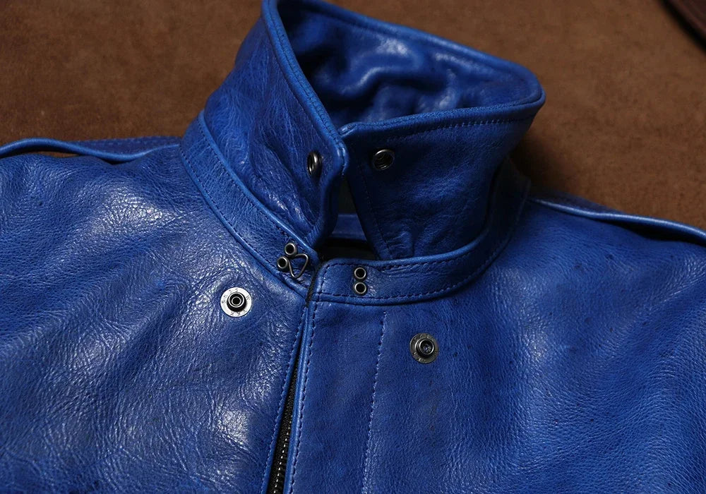 Wax Feel Unpainted Indigo Dyed Cowhide Jacket, Heavyweight Escape A2 Flight Suit, Leather Jacket, Men's Retro Leather Jacket