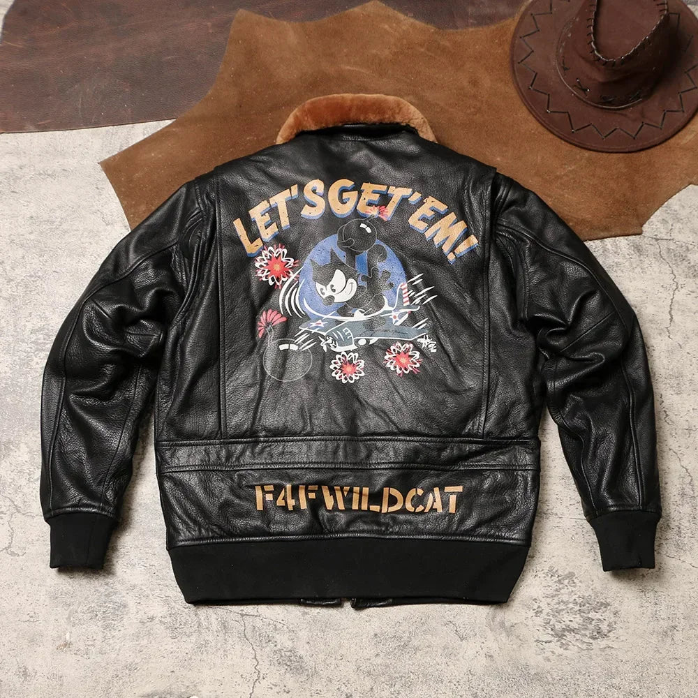 Tailor Brando Philly Cat Flight Suit Goat Leather Jacket Winter Plus Size Men's Cotton American G1 Airman Genuine Leather Jacket