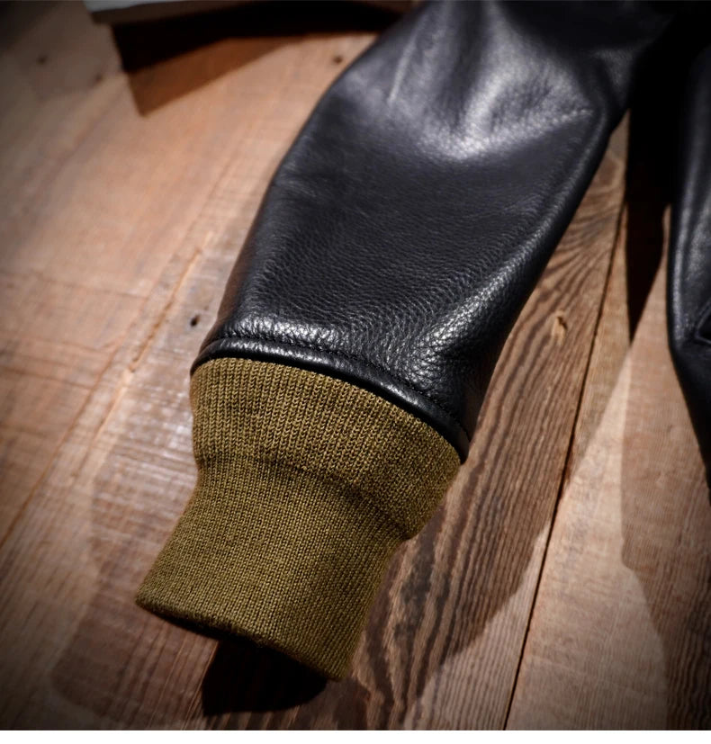 Classic MA1 Flying Suit Jacket, Water Dyed Cowhide Leather Jacket, Short Motorcycle Baseball Suit, Top Layer of Genuine