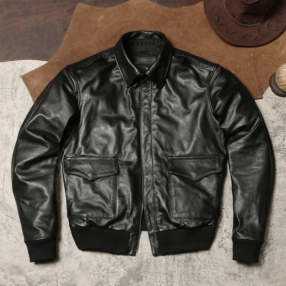 Retro A2 Flying Suit Leather Top Layer Soft and Thin Cowhide Workwear Coat Genuine Leather Flip Collar Air Force Officer Jacket