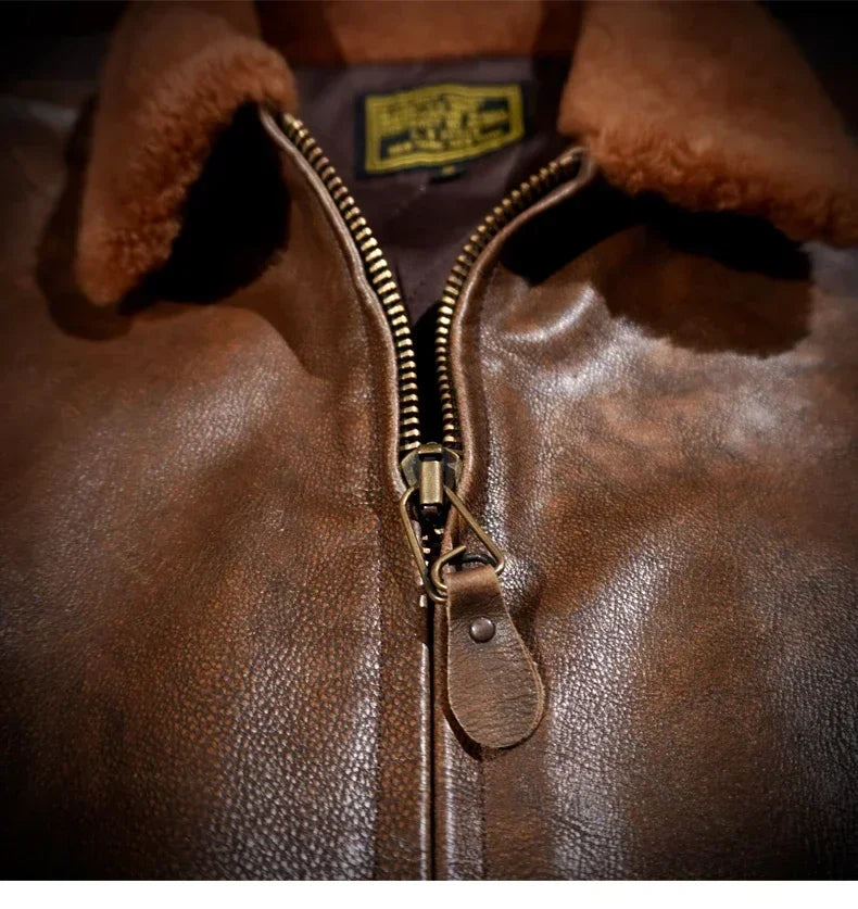 Tailor Brando American Vintage G1 Pilot Jacket Handmade Old Cowhide Biker Hair Collar Short Genuine Leather Menswear