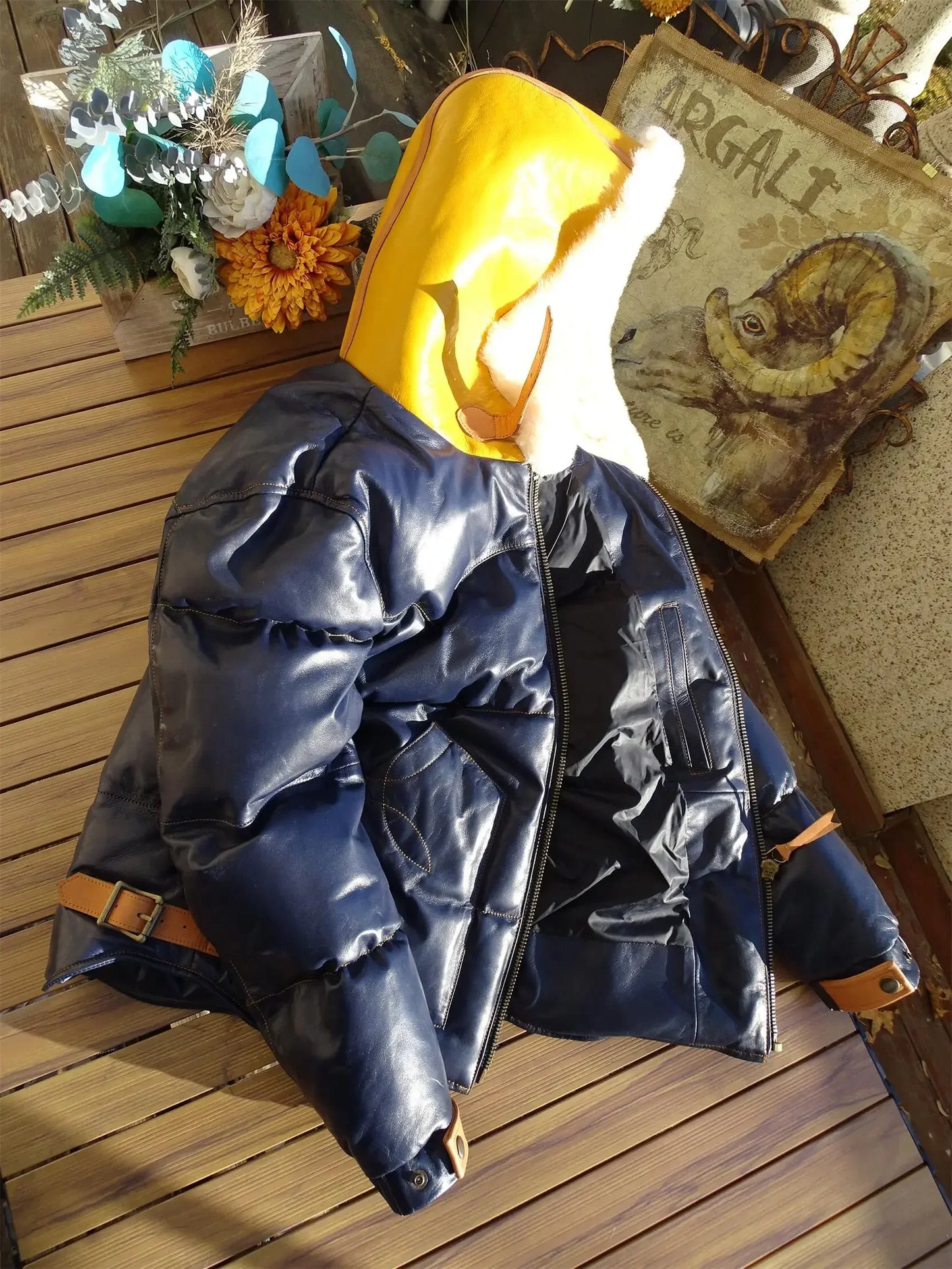 Tailor Brando Original Sheep Shearling & Vegetable Tanned Sheepskin Hooded Down Jacket Winter Warm Genuine Leather Jacket