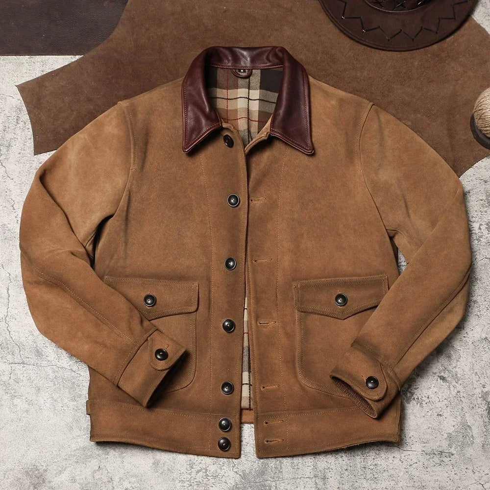 American Retro Old Leather Jacket Heavy Frosted Cowhide Lapel Tooling Leather May Kaji Leather Coat