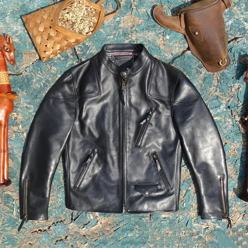Imported Top Layer Cowhide Leather Jacket, Men's Venomous Stand Up Collar, Slim Fit Short Cowhide Upgraded Version