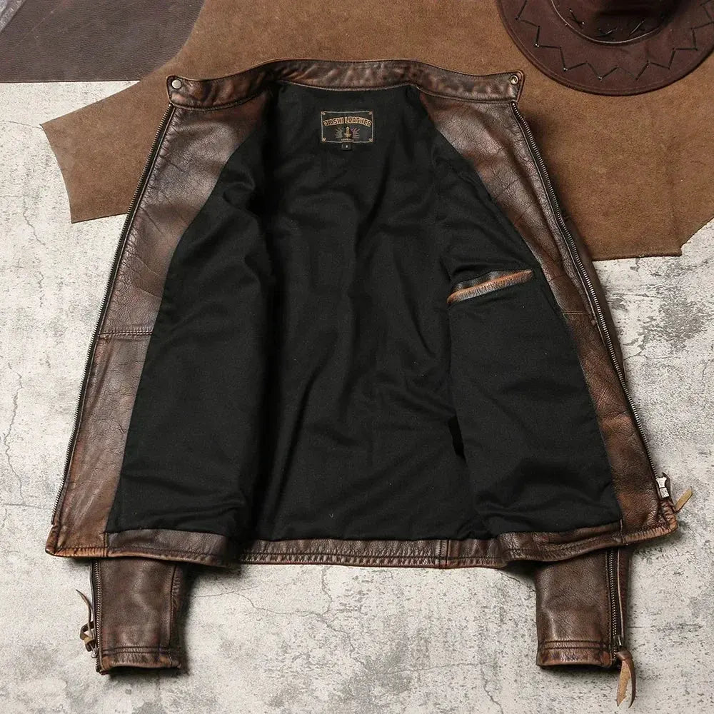 Venom Tea Core Tree Cream Cowhide Leather Coat Vintage Worn Genuine Leather Motorcycle Coat Men's Standing Tailor Brando