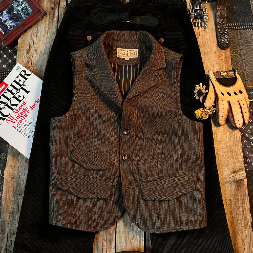 Tailor Brando Classic Herringbone Tweed Vest American Vintage Western Style Men's Slim Fit Vest