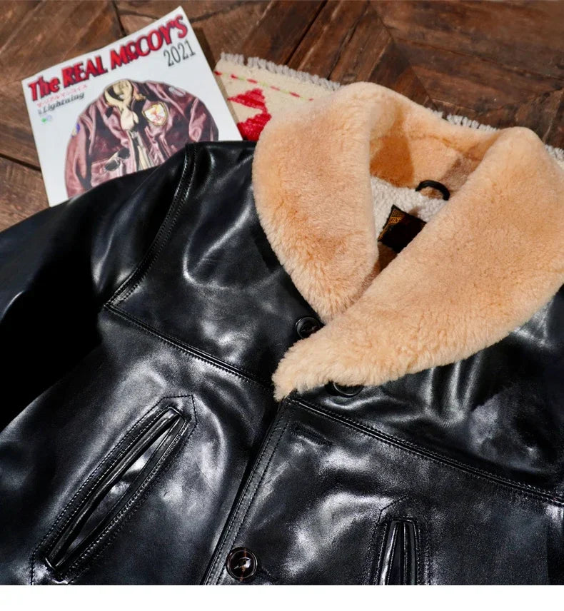 Tailor Brando Replica The R*al McCoy'* Farmer Italian Batik Horsehide Men's American Retro Real Wool Collar Genuine Leather Jack
