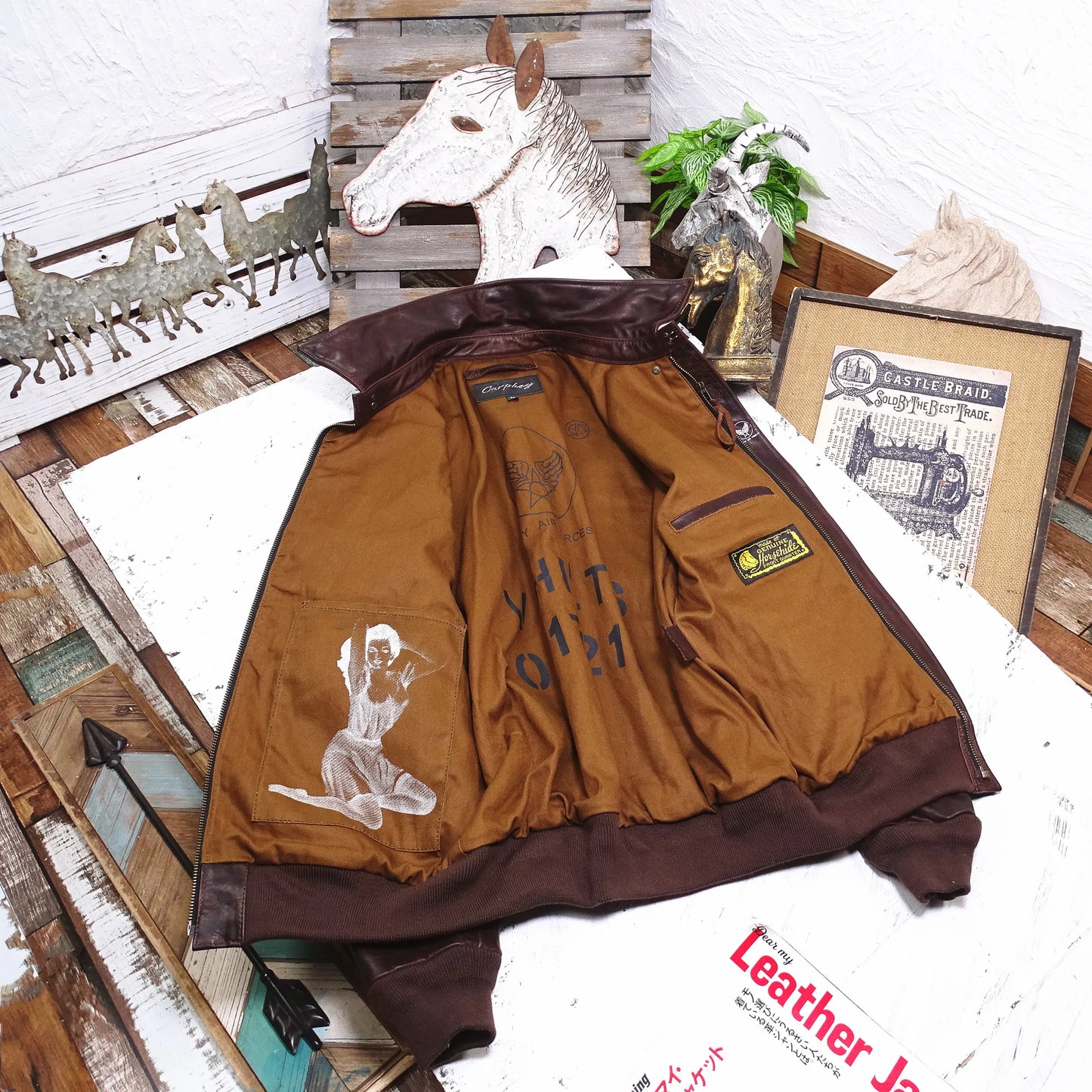 Tailor Brando Vegetable Tanned Oil Waxed Horsehide Men's Classic A2 Aviator Jacket Short Genuine Leather Jacket