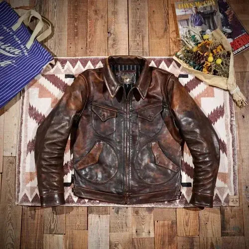Tailor Brando American Vintage Mendoza Handmade Old Tea Core Cowhide Lapel Men's Slim Biker Jacket Tailor Brando