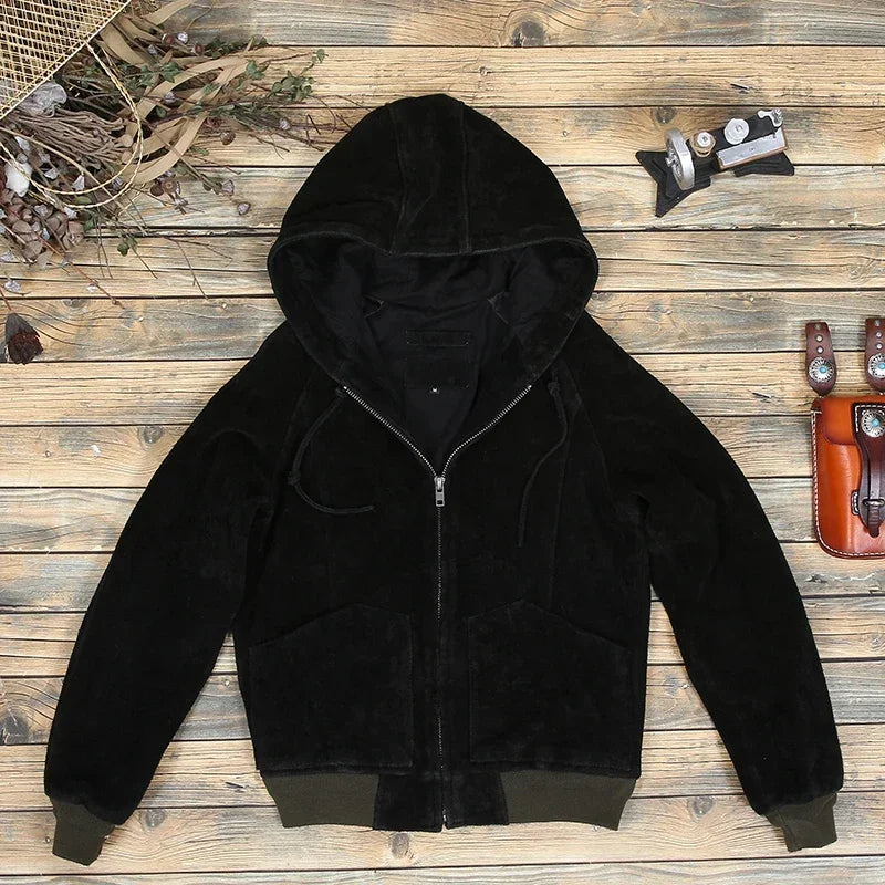 Tailor Brando Classic Suede Cowhide Hooded Sweatshirt Men's Short Retro Cropped Genuine Leather Jacket