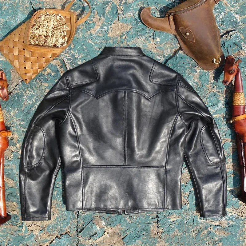 Imported Top Layer Cowhide Leather Jacket, Men's Venomous Stand Up Collar, Slim Fit Short Cowhide Upgraded Version