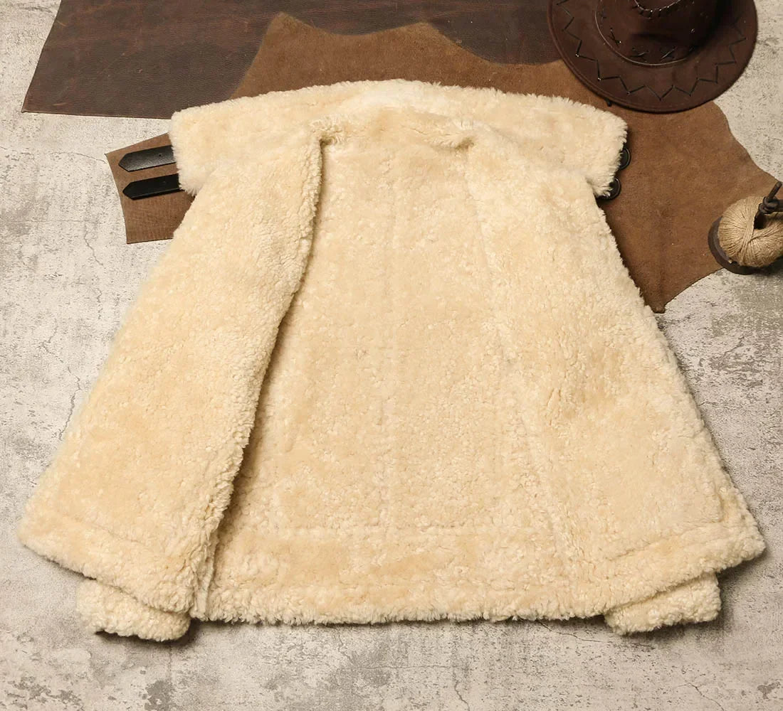 Winter Ecological Sheepskin Fur Integrated Slim Fit and Warm Genuine Leather Jacket with Retro Work Attire and Turtle Crack Fur