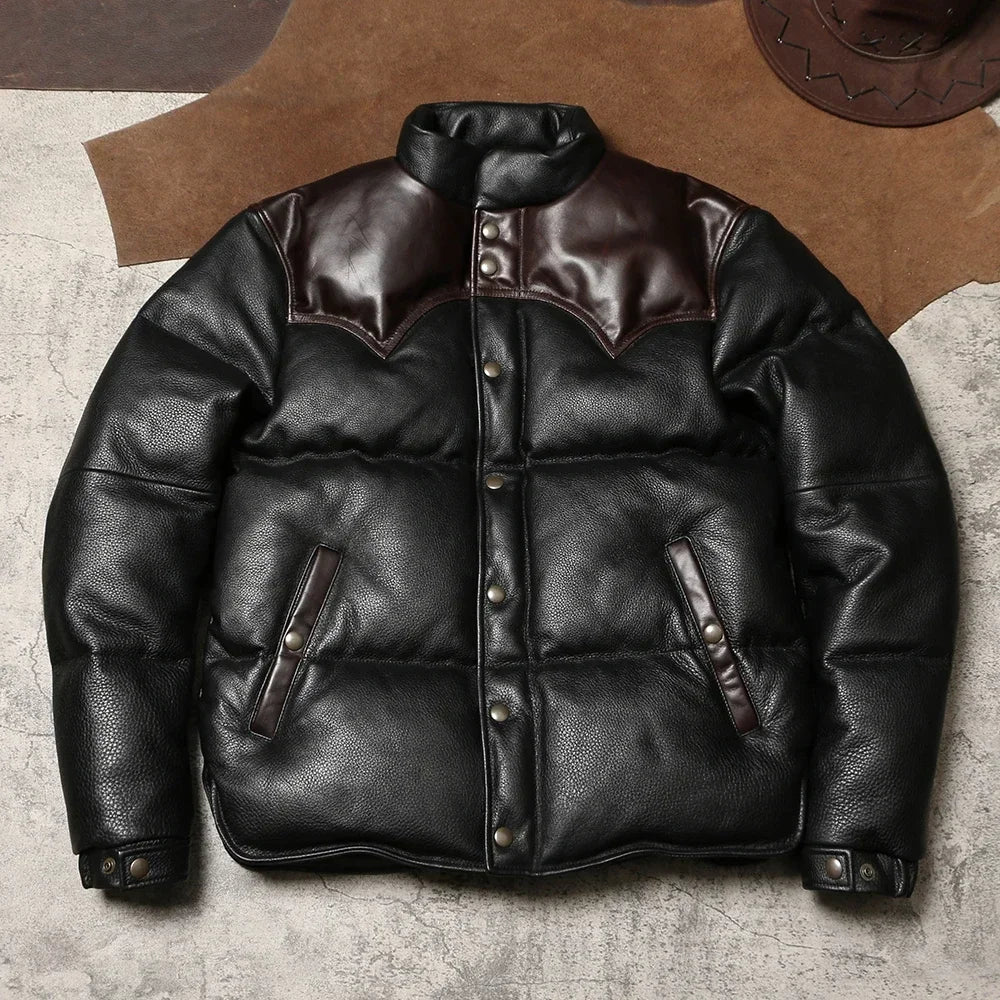 Top Layer Cowhide and Duck Down Warm Jacket for Men's Retro Leather Jacket, Winter Super Thick Genuine Leather Down Bread Jacket