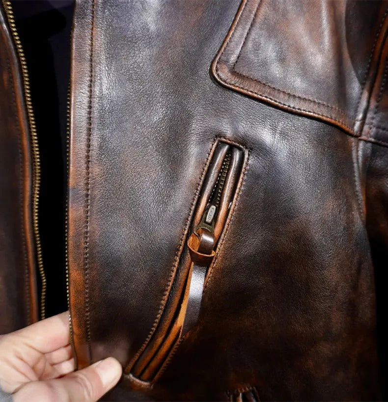Tailor Brando American Vintage Full Grain Handaged Tea Core Cowhide Venom Men's Classic Genuine Leather Biker Jacket Tailor Brando