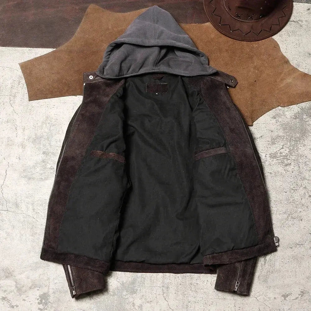 Venom Three Generations of Soft and Thin Suede Cowhide Jacket, Japanese Retro Bike, Hooded Leather Jacket Tailor Brando