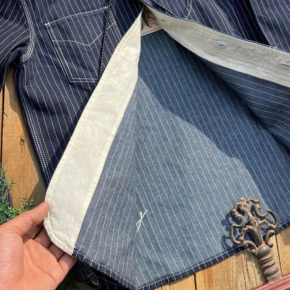 Tailor Brando T-7American Vintage Heavyweight 12.5oz Cotton Vertical Striped Denim Shirt Indigo Hundred Work Men's Western Shirt Tailor Brando