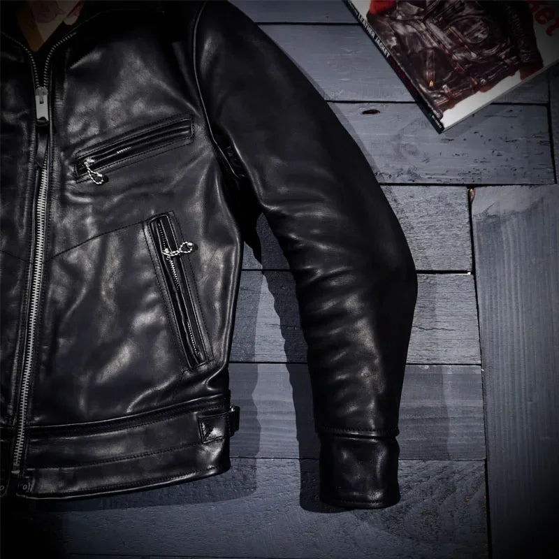 Tailor Brando Muhrando Genuine Leather Wooden Box Plant Tanned Wax Dyed Top Layer Horseskin Biker Leather Jacket