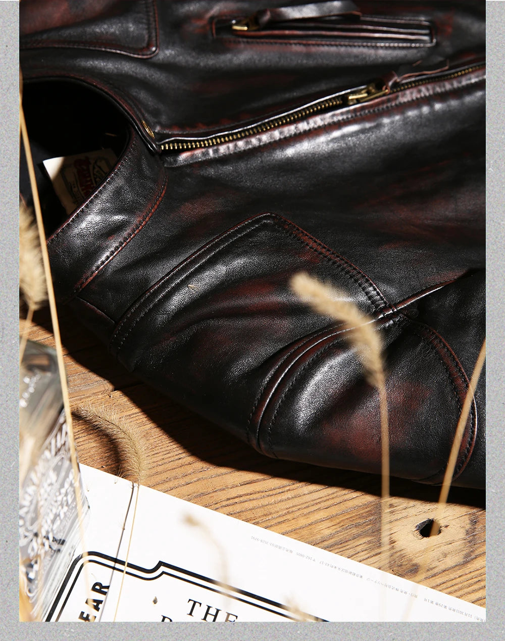 Tailor Brando Full Grain Washed Aged Tea Core Horsehide Collar Slim Retro Men's Genuine Leather Biker Jacket