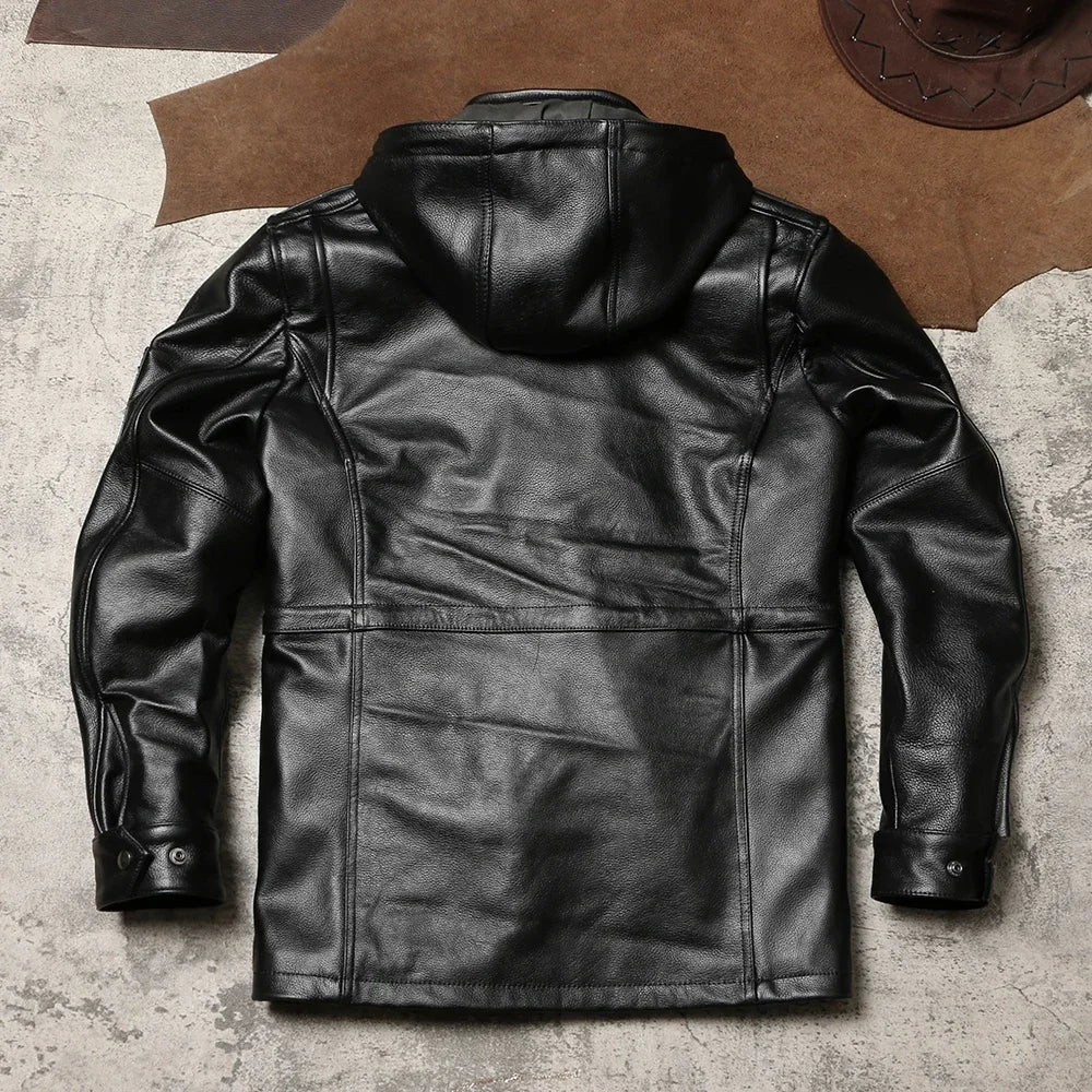 M65 Hooded & Cotton Leather Jacket Multi-Pocket Midi Cowhide Hunting Leather Jacket Winter Outdoor Cargo Leather Jacket