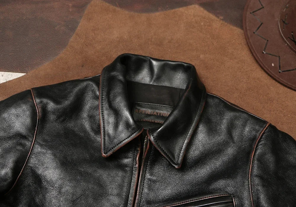 Tailor Brando Handmade Distressed Tea Core Cowhide Men's 1930 Classic Lapel Men's Biker Genuine Leather Jacket