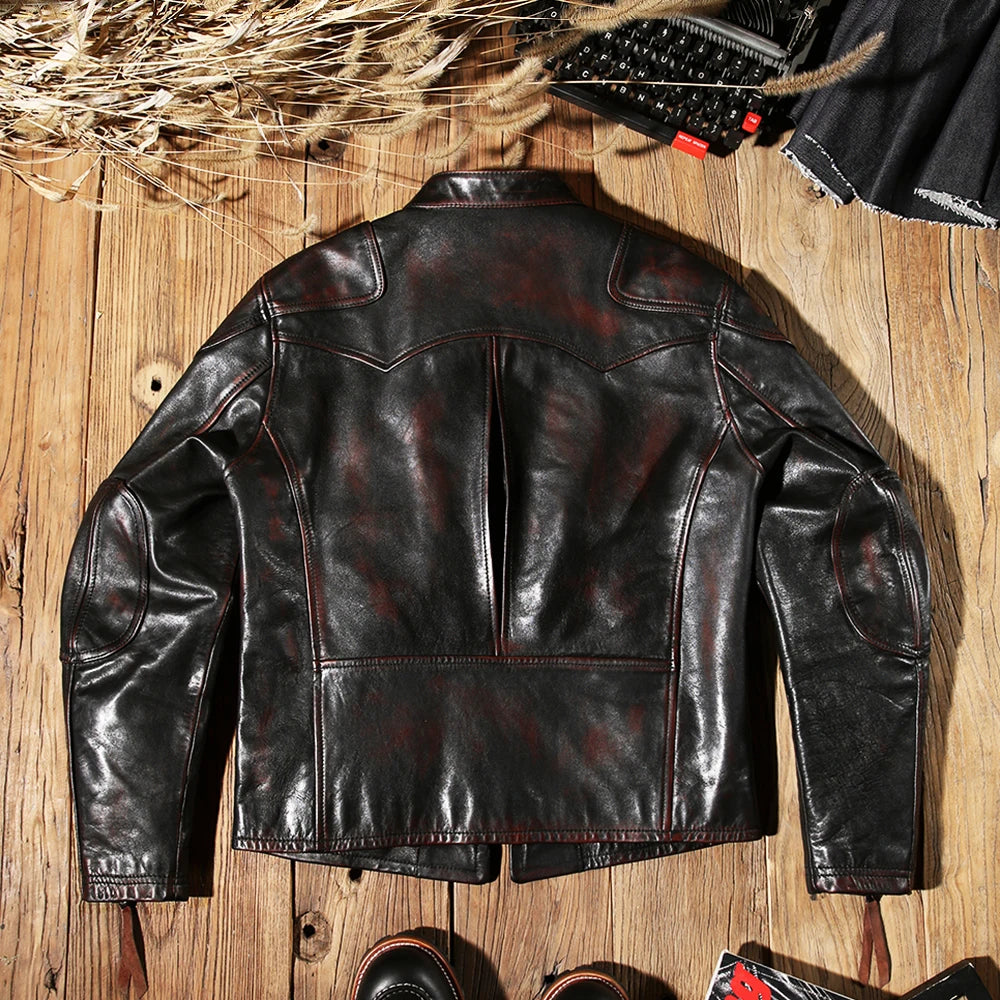 Tailor Brando Full Grain Washed Aged Tea Core Horsehide Collar Slim Retro Men's Genuine Leather Biker Jacket