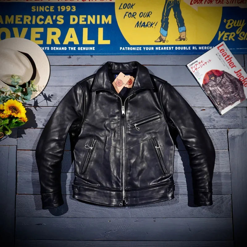 Tailor Brando Muhrando Genuine Leather Wooden Box Plant Tanned Wax Dyed Top Layer Horseskin Biker Leather Jacket