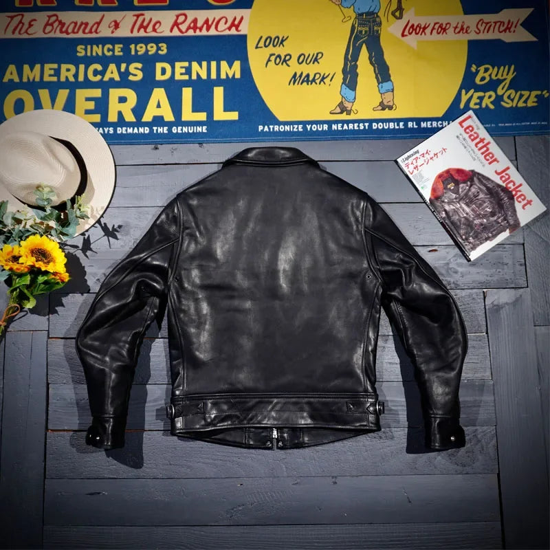 Tailor Brando Muhrando Genuine Leather Wooden Box Plant Tanned Wax Dyed Top Layer Horseskin Biker Leather Jacket