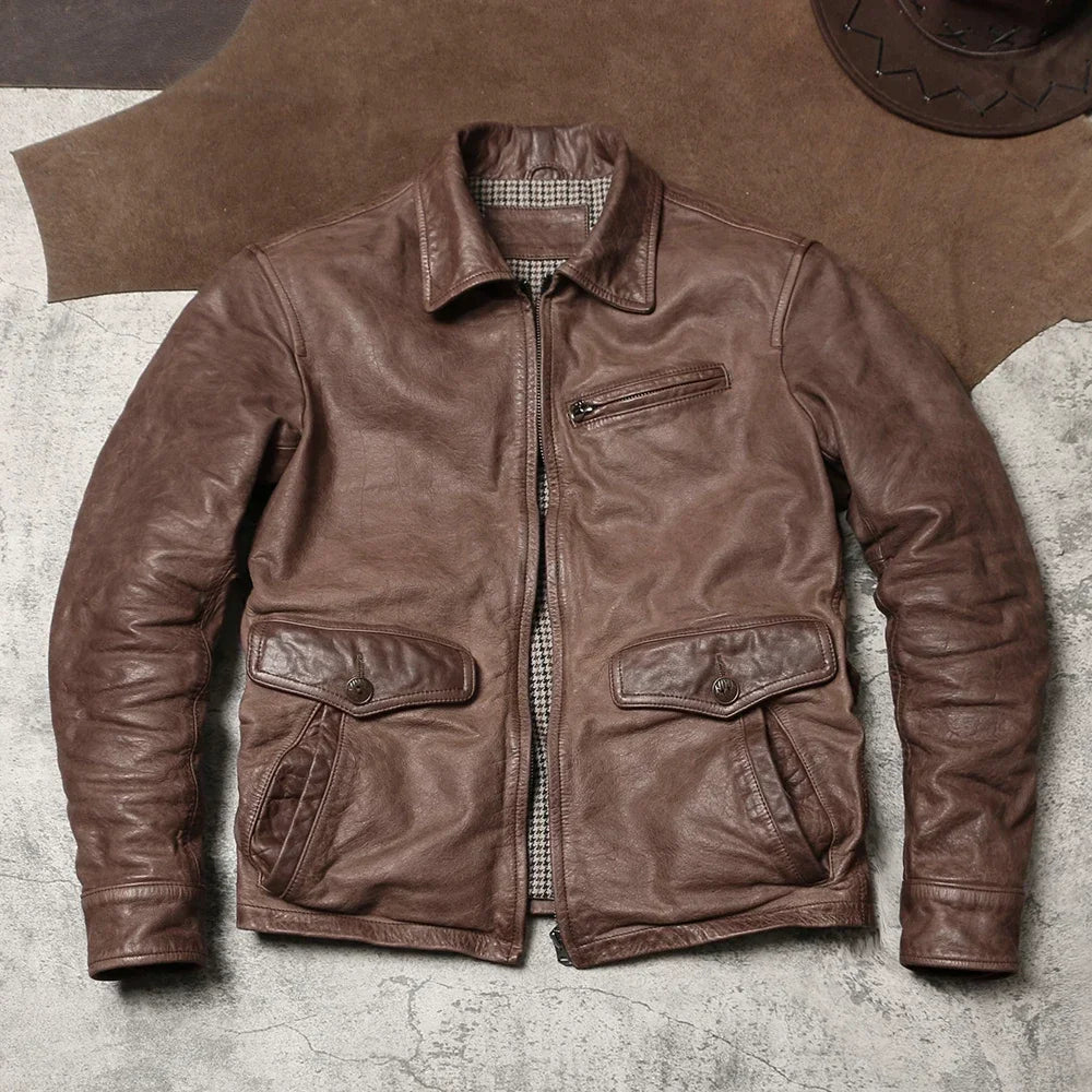 Jacky Cheung's Short Flip Collar Amikaki Leather Jacket with Retro Vintage Leather Jacket, Wax Dyed Unpainted Cowhide