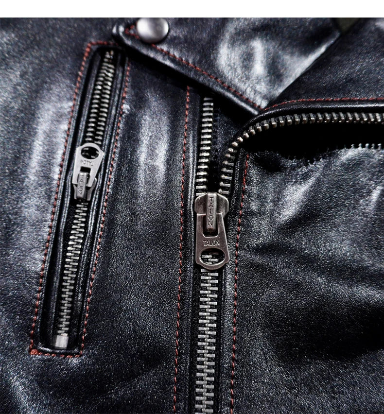 2023 Classic Japanese Lapel Motorcycle Jacket Vegetable Tanned Horseskin Diagonal Leather Men's Short Slim Leather Jacket