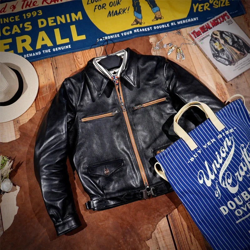 Classic Hartmann Oil Wax Plant Tanned Horse Leather Coat for Men's Motorcycle Short Black Flying Jacket Slim Fit American Retro
