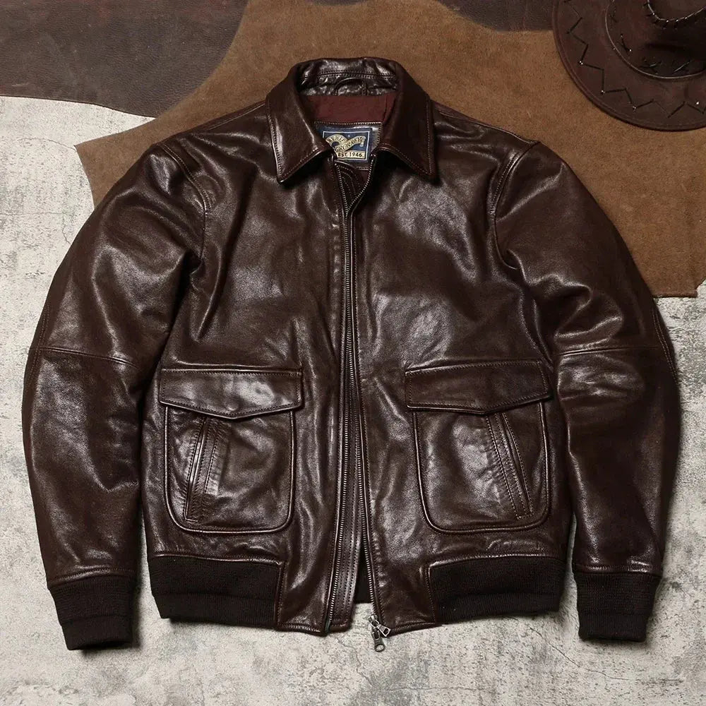 Genuine Leather A2 Leather Jacket Wax Dyed Unpainted Goat Skin Jacket for Men and Women's Racing, Same Style Flying Suit Tailor Brando