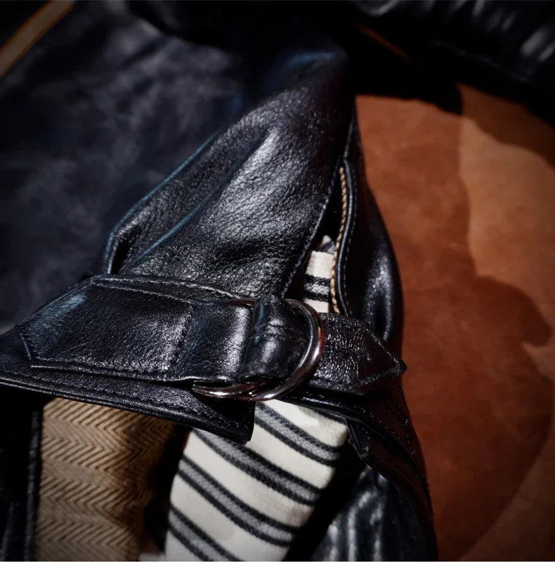 Classic Hartmann Oil Wax Plant Tanned Horse Leather Coat for Men's Motorcycle Short Black Flying Jacket Slim Fit American Retro