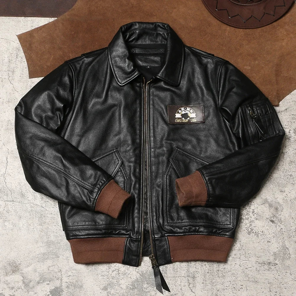 American Retro Leather Flight Suit Jacket Slightly Cowhide Jacket Men's and Women's Lapel High-waisted Shoulder Leather Jacket