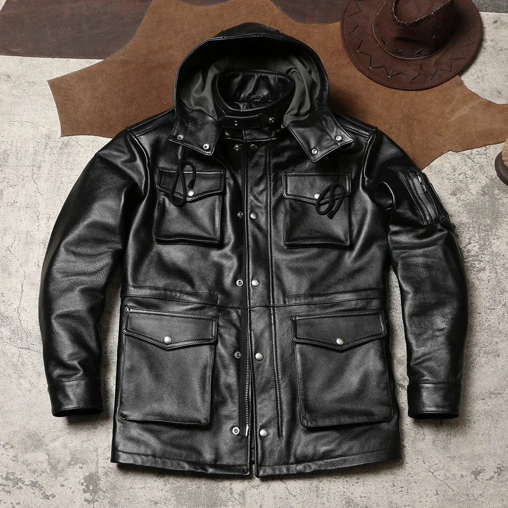 M65 Hooded & Cotton Leather Jacket Multi-Pocket Midi Cowhide Hunting Leather Jacket Winter Outdoor Cargo Leather Jacket
