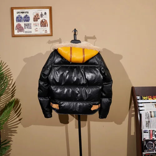 Tailor Brando Men's Sheepskin Down Jacket Hooded Retro Biker Men's Short Thickened Winter Slim Cold Weather Clothing