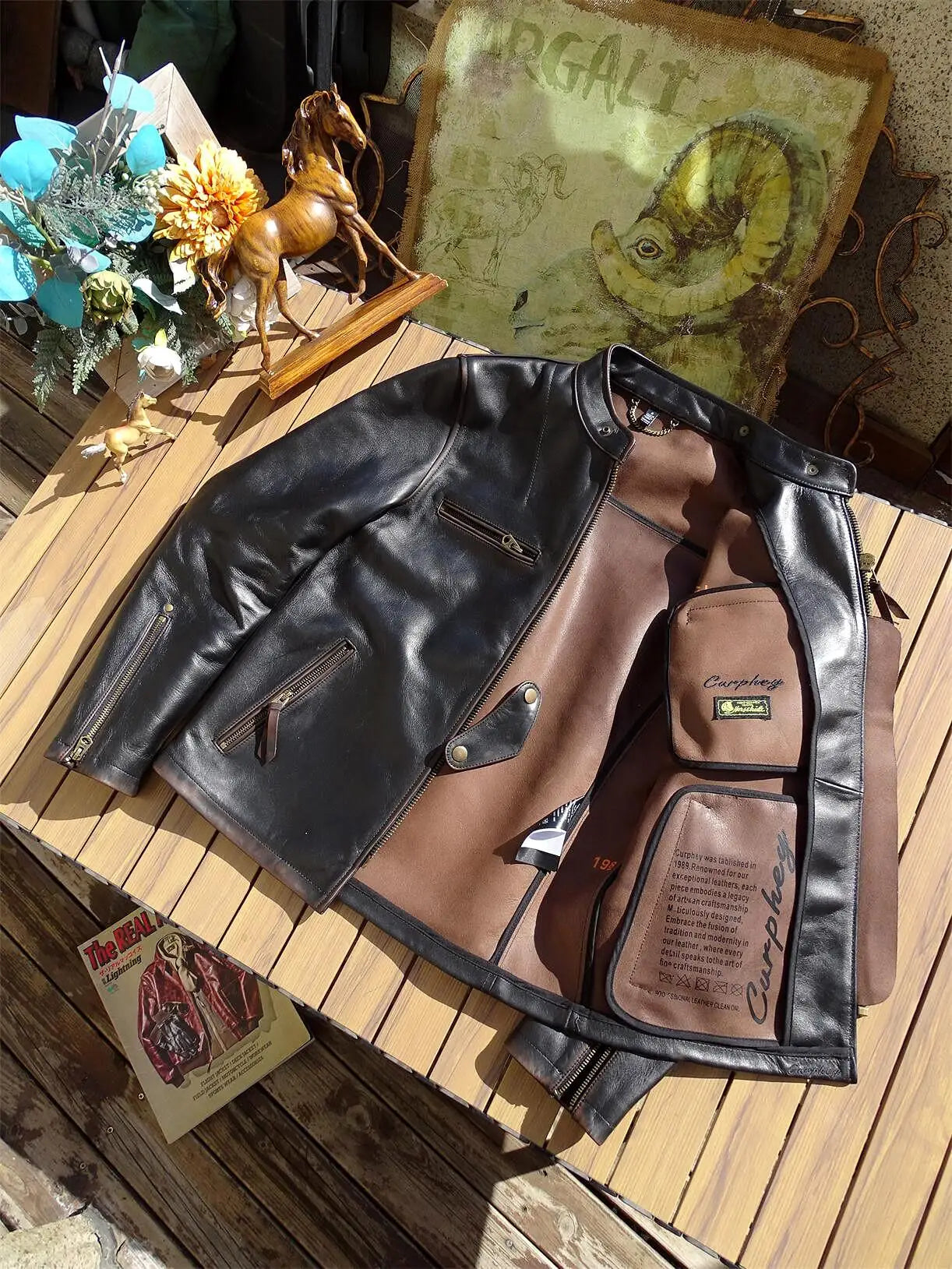 Tailor Brando Full Grain Vegetable Tanned Tea Core Horsehide Unlined Men's J100 Vintage Genuine Leather Biker Jacket