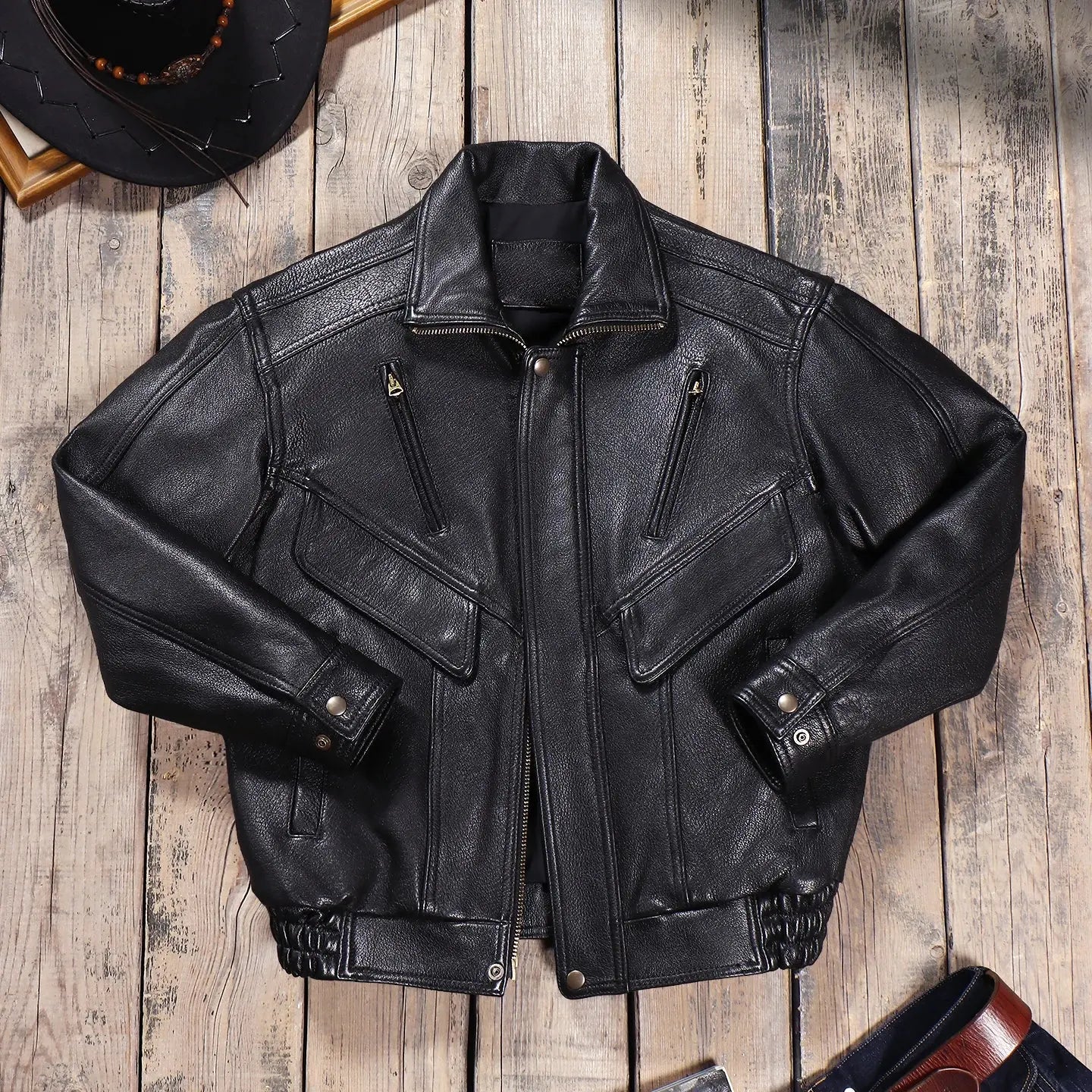 Tailor Brando Uncoated Water-dyed Goatskin 90S Retro Men's Genuine Leather Loose Jacket Tailor Brando