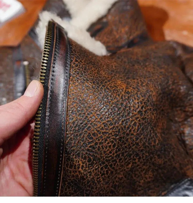 Tailor Brando Classic D3 Aviator Jacket Washed Aged Sheep Shearling Jacket Men's Warm Slant Zipper Genuine Fur Jacket Tailor Brando