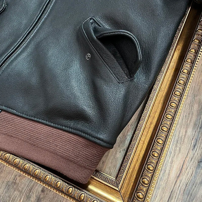 Tailor Brando 1.4mm Goatskin American Retro MA-1 Stand-up Collar Baseball Jacket Genuine Leather Jacket
