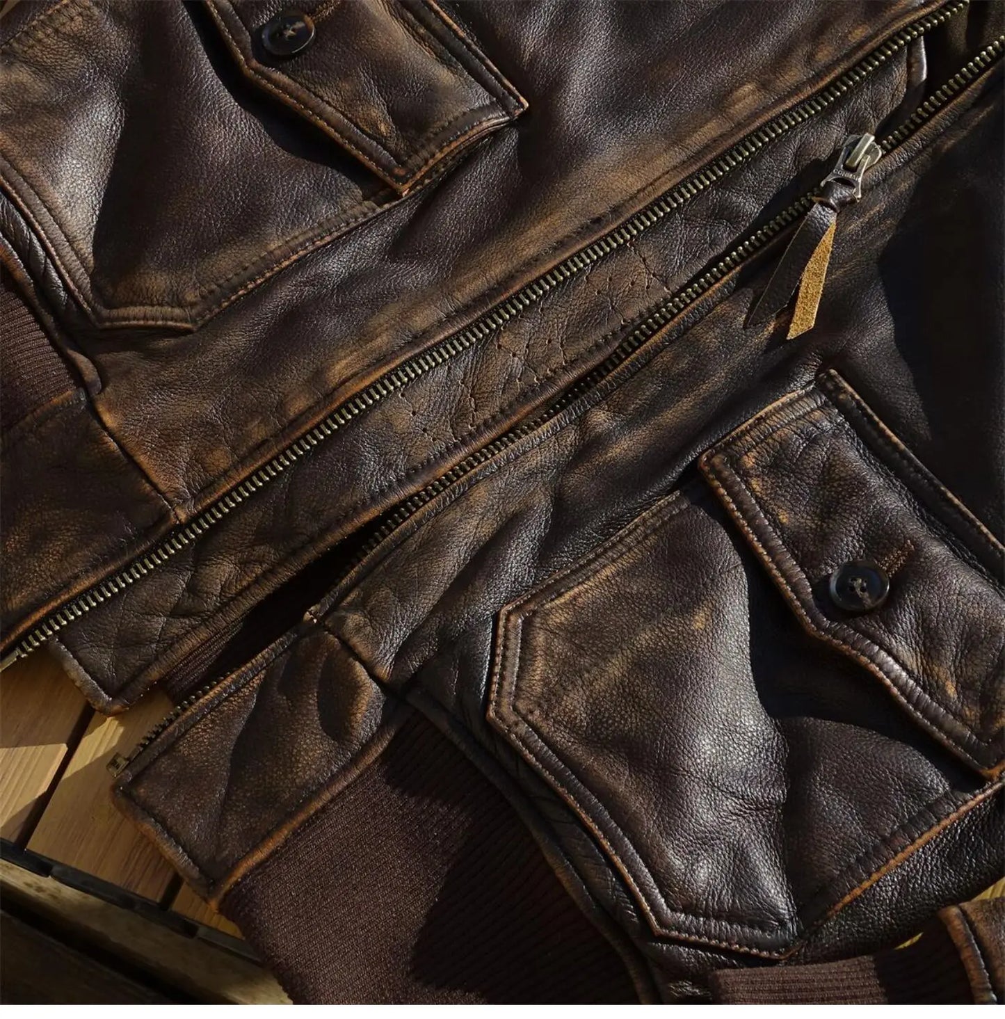 Tailor Brando Heavy Handaged Washed Tea Core Cowhide Men's Classic G1 Pilot Jacket Removable Wool Collar Genuine Leather Jacket