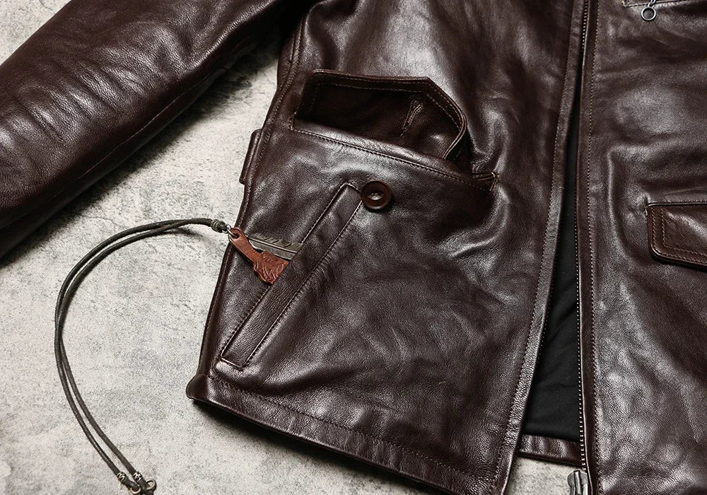 Tailor Brando Retro Men's Lapel Workwear Newsboy Cowhide Jacket Wax Dyed Goat Genuine Leather Jacke