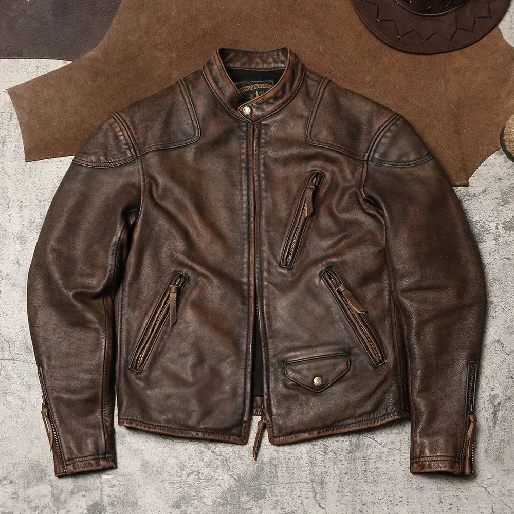 Venom Tea Core Tree Cream Cowhide Leather Coat Vintage Worn Genuine Leather Motorcycle Coat Men's Standing