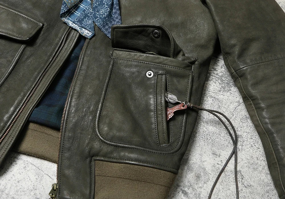 American Retro A2 Shoulder Leather Jacket with Heavy-duty Wax Dyed Goat Skin Lapel Jacket, Autumn and Winter Genuine