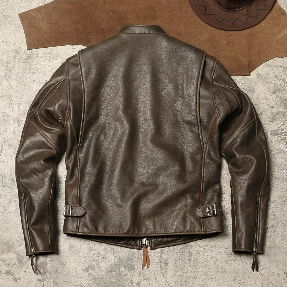American Retro Distressed Unpainted Soft Cowhide Jacket, Autumn and Winter Genuine Leather Cycling Jacket