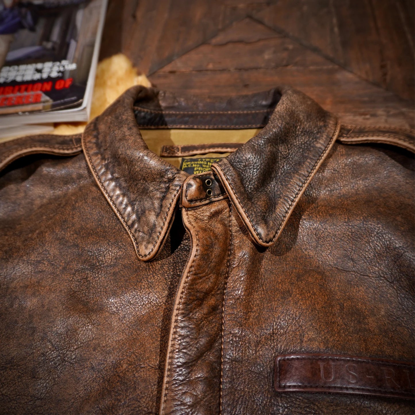 Tailor Brando Full Grain Vegetable Tanned Washed Aged A2 Flying Tigers Bomber Jacket Men's Classic Short Leather Jacket