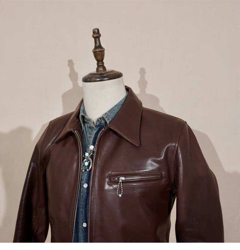 Tailor Brando American Retro Classic 1930S Batik Horsehide Men's Lapel Short Biker Genuine Leather Jacket
