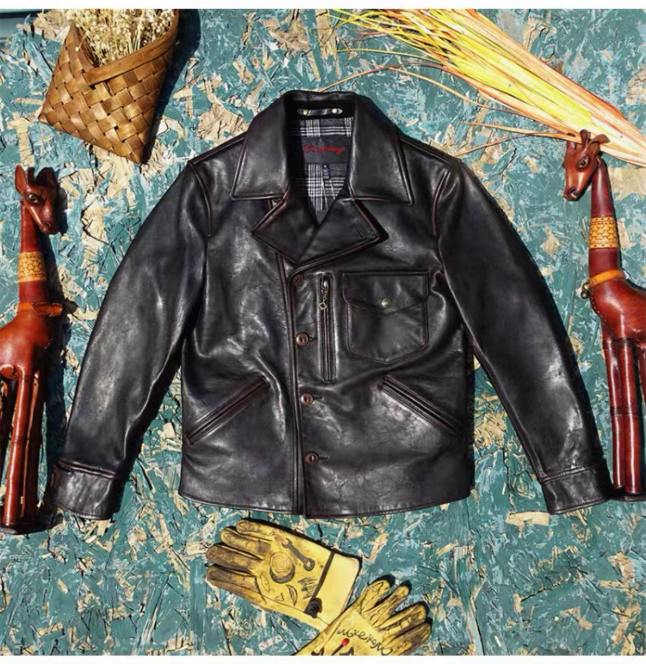 Tailor Brando Washed Old Tea Core Horse Leather 1940s Classic American Retro Lapel Men's Genuine Leather Jacket