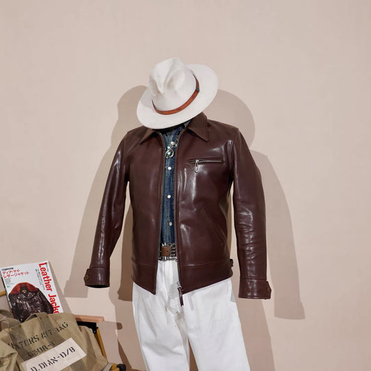 Tailor Brando American Retro Classic 1930S Batik Horsehide Men's Lapel Short Biker Genuine Leather Jacket