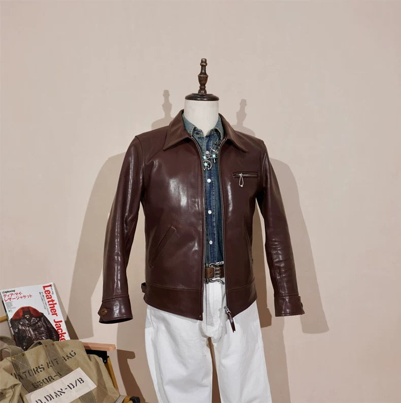 Tailor Brando American Retro Classic 1930S Batik Horsehide Men's Lapel Short Biker Genuine Leather Jacket