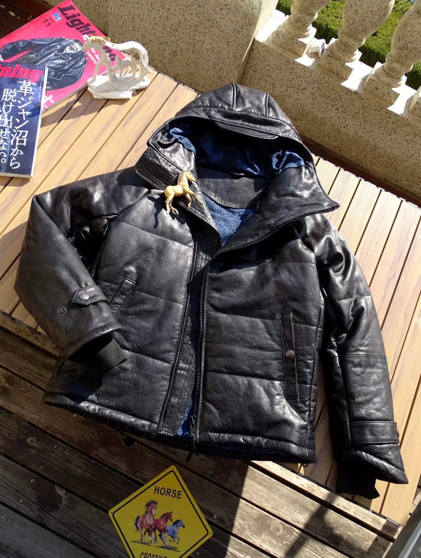 Hooded Oblique Zipper Horseshoe Sleeves Imported Wax Beeswax Color To Make Old Horse Skin Leather Men's Down Jacket. Tailor Brando